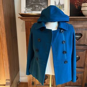 Pea coat with hoodie french style teal women’s Medium